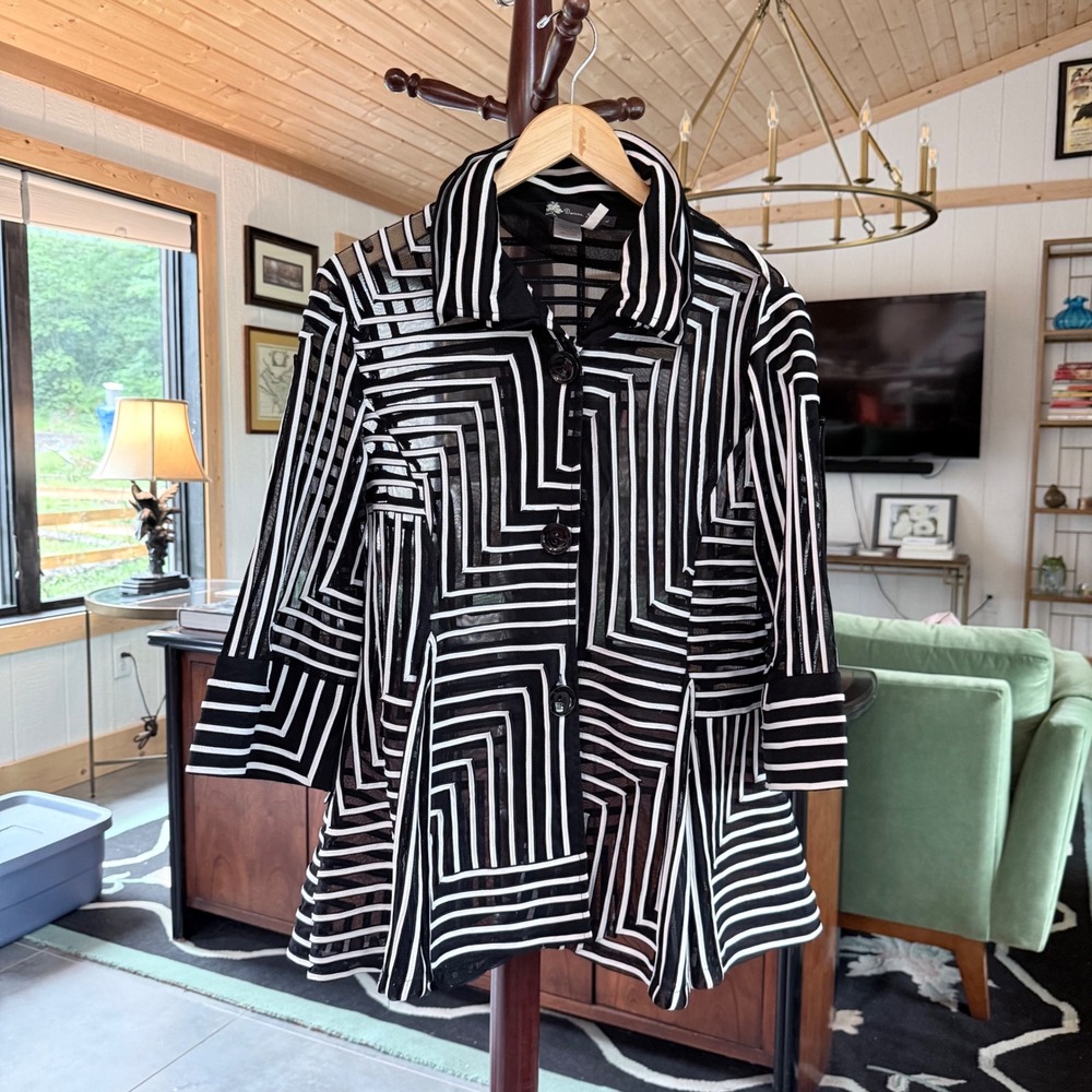 Damee Inc Jacket Women L Black White Excellent Sheer Geometric Stripe Peplum